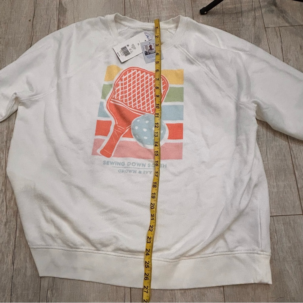 crown & ivy White Graphic Pickleball Sweatshirt with Coral, Teal & Yellow Print - Picture 9 of 13
